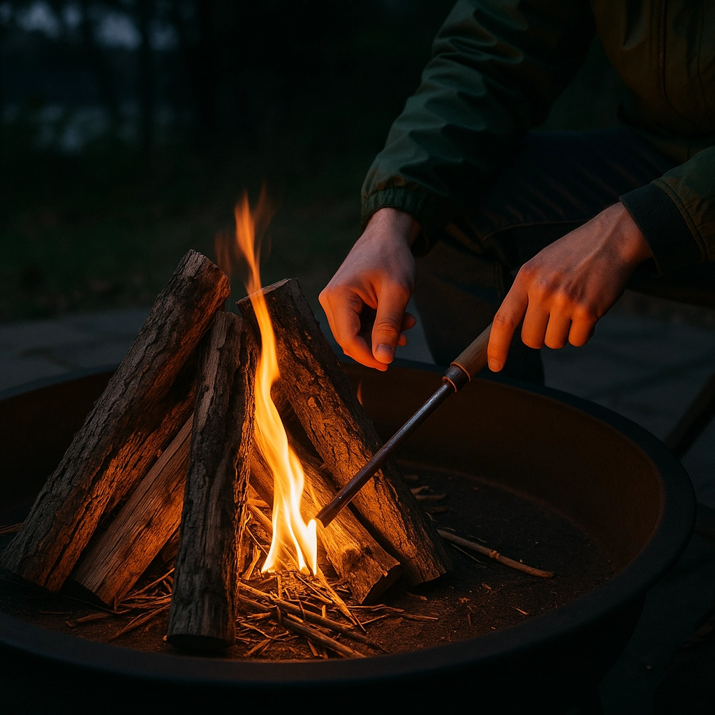 Visual guide showing sequence of steps to safely start a fire in an outdoor pit.