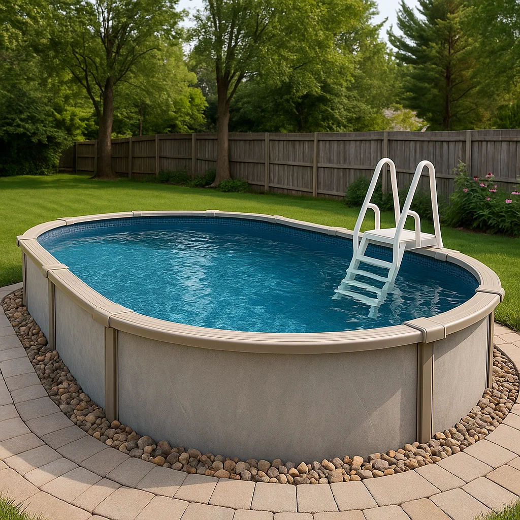 Combination above-ground hybrid pool with resin and steel parts for strength and weather durability.
