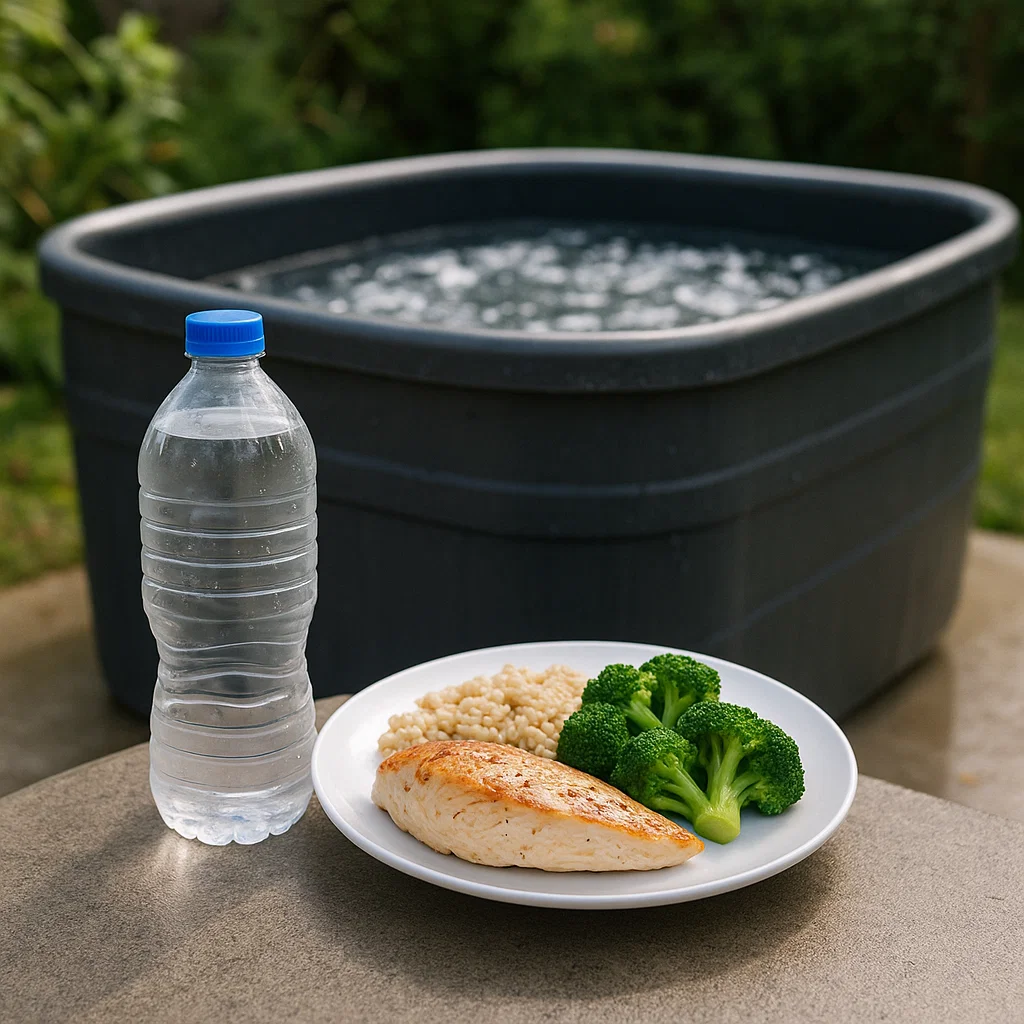 Healthy drink and snack choices shown for post-cold plunge recovery and rehydration.