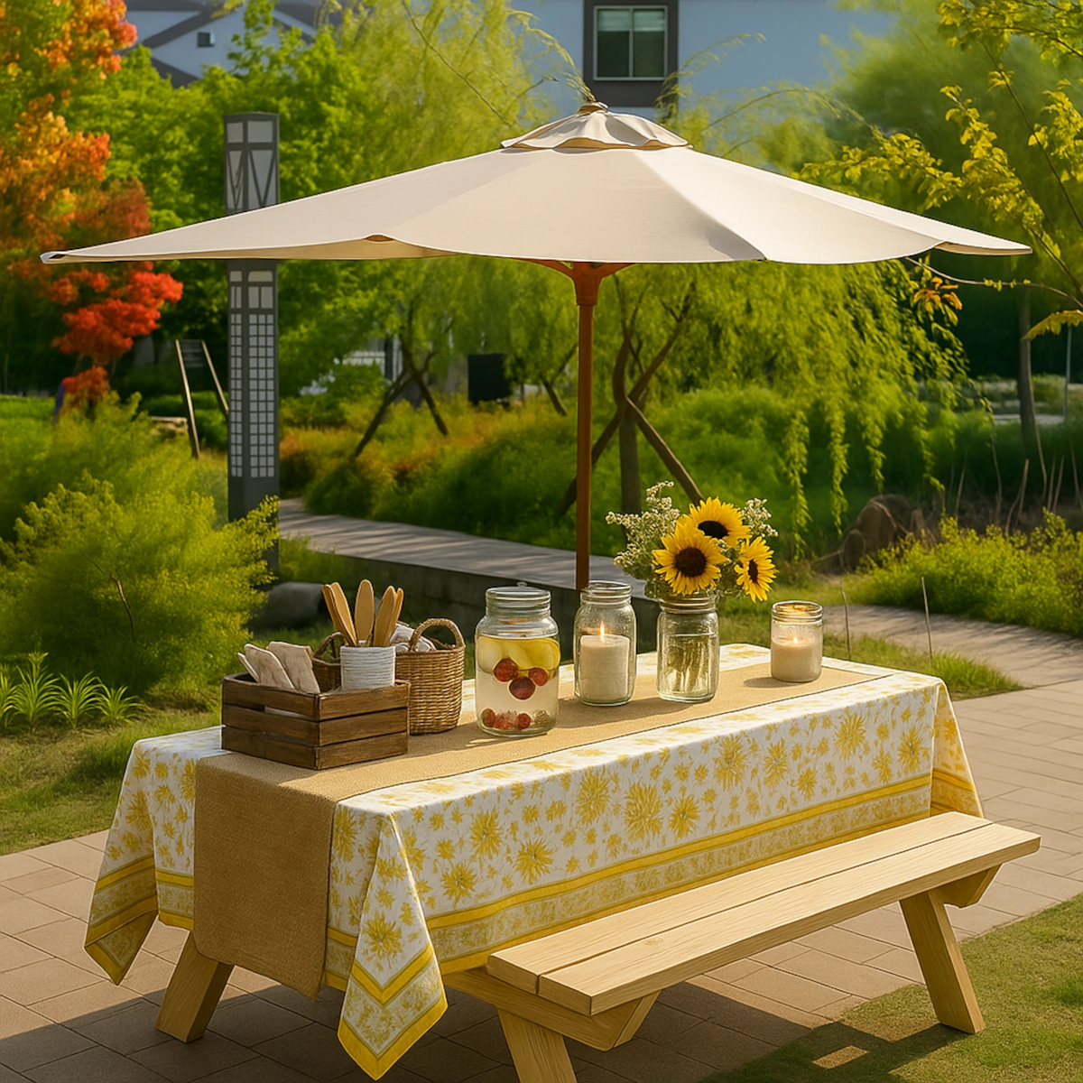 Sunlit picnic table with lemon water, candles, sunflowers, and a rustic utensil basket.