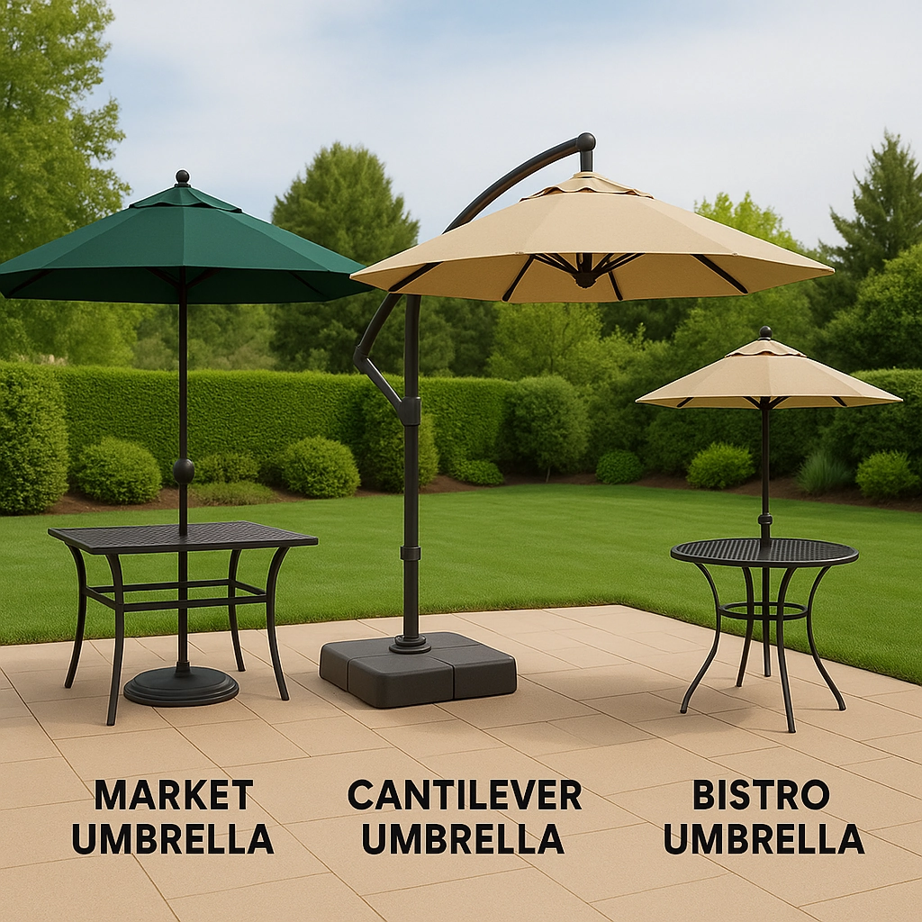 Market, cantilever, and bistro umbrellas for outdoor settings.