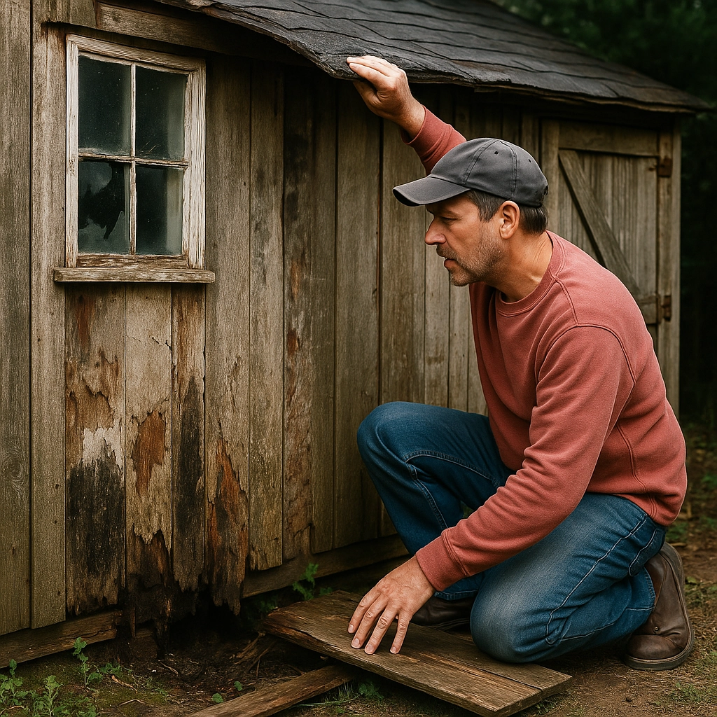 Person inspecting shed for signs of water damage, rot, and structural issues on roof and walls.