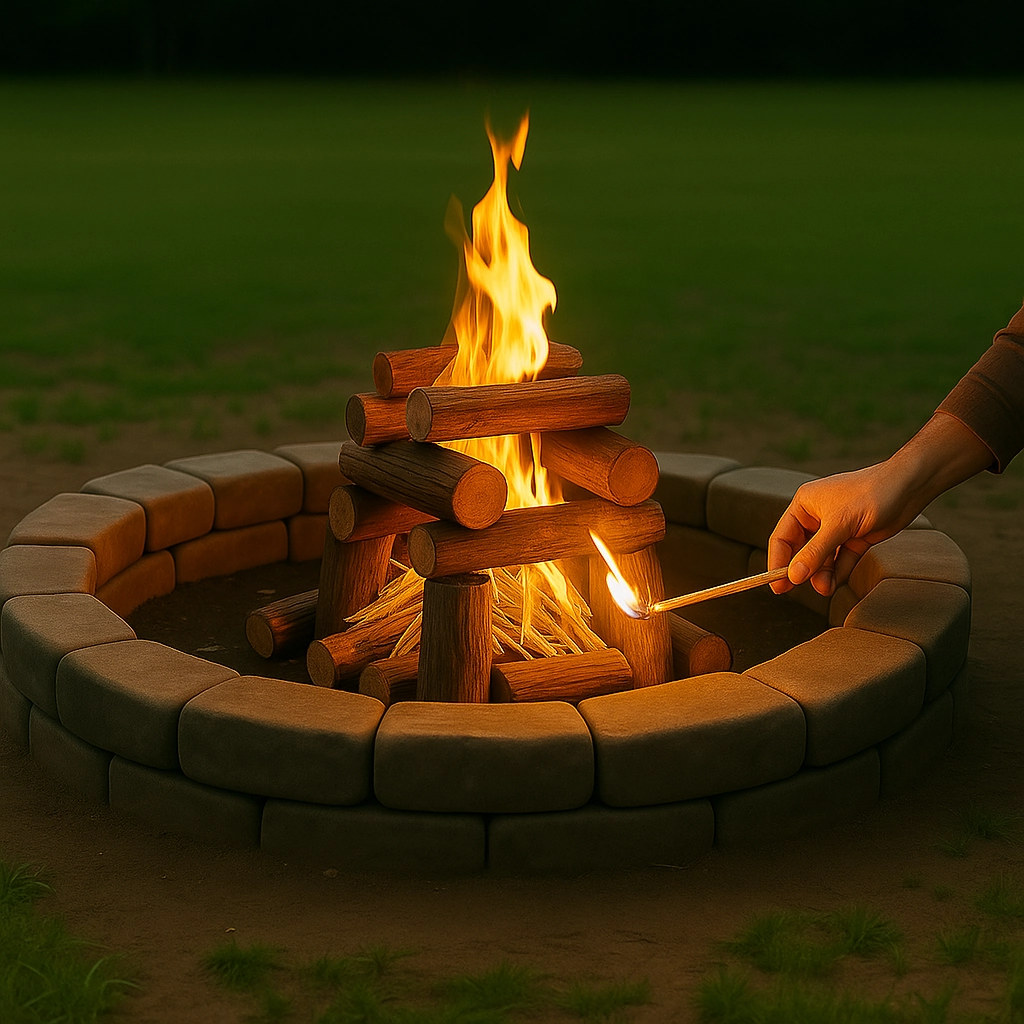 Hand lighting fire starter in prepared fire pit to safely ignite arranged wood pile.