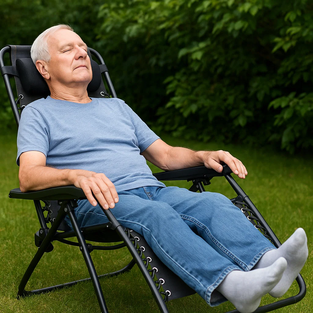Older man relaxing outdoors in a black zero gravity chair on a green grassy lawn.