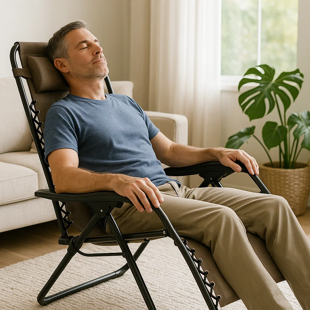Middle-aged man reclining indoors on a brown zero gravity chair with a plant in the background.