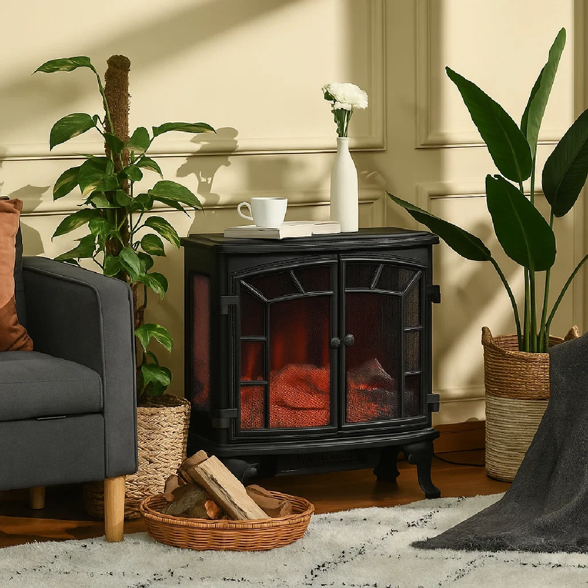 Electric fireplace with live plants, wicker baskets, and a cozy throw adding texture and organic warmth.