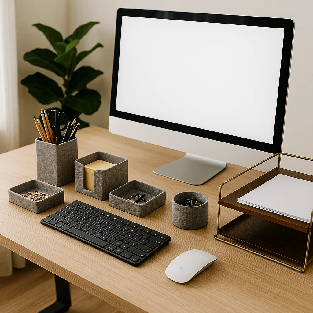 Neatly arranged grey desk organizers on wooden table with large white screen