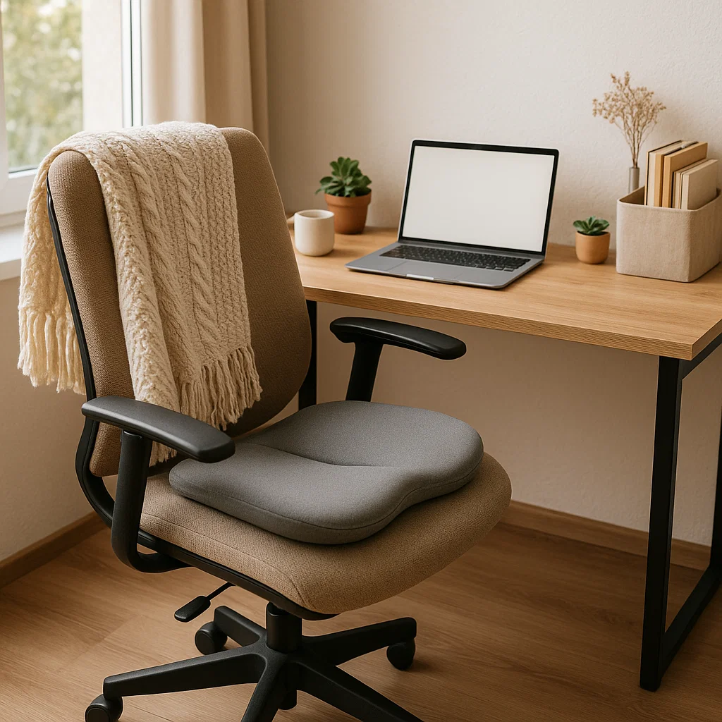Office chair with cushion and throw next to wood desk with laptop and plants