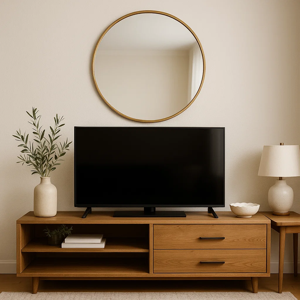 Wooden TV stand below a round wall mirror, styled with ceramics, books, and neutral-toned decor.