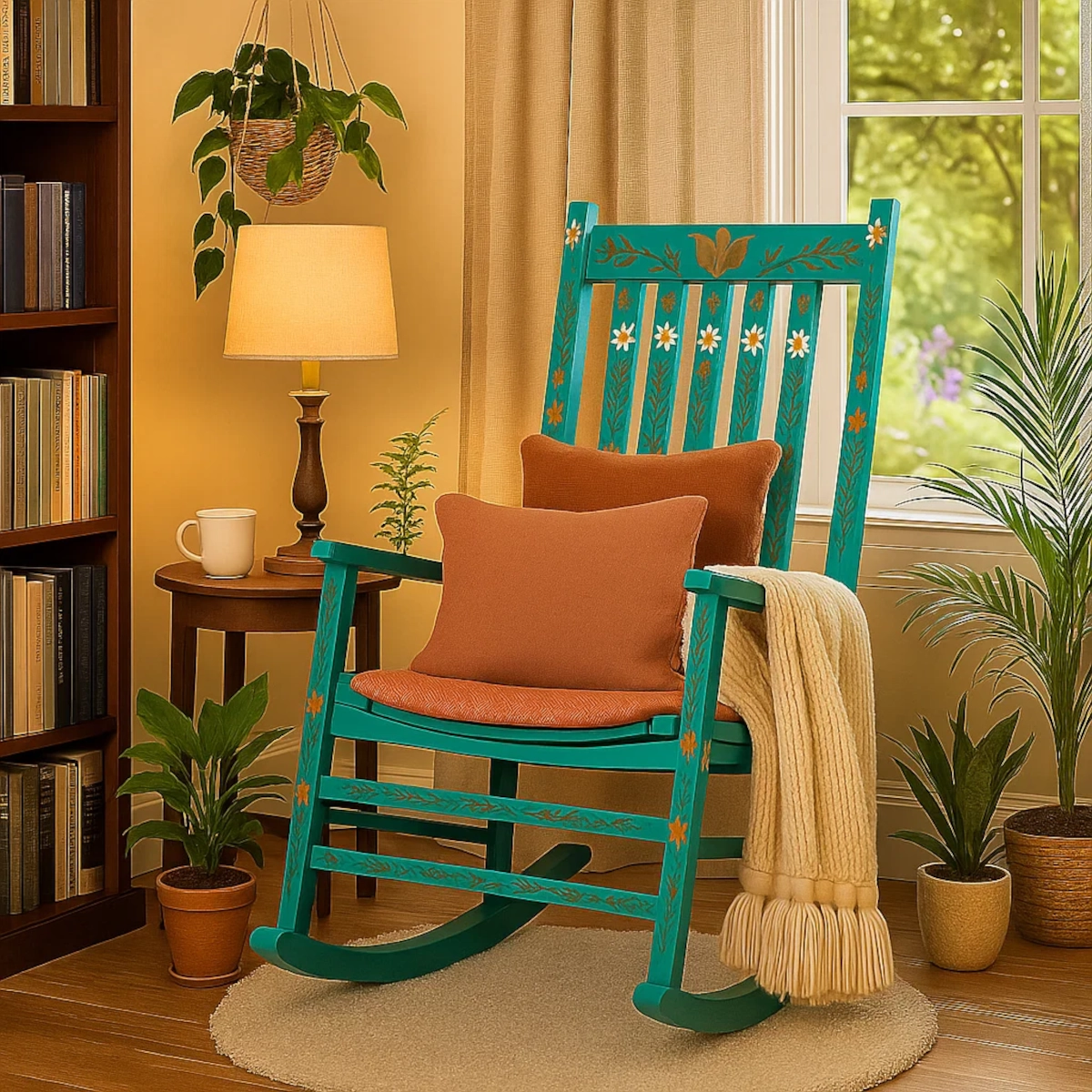 Teal rocking chair with cushions and plants around in a cozy indoor setting by the window.