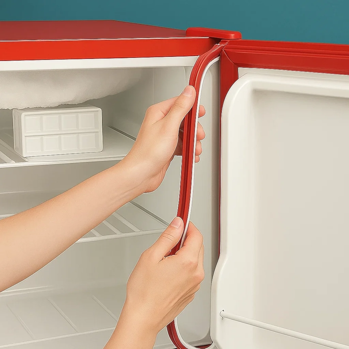 Hands inspecting red fridge’s damaged rubber door seal.