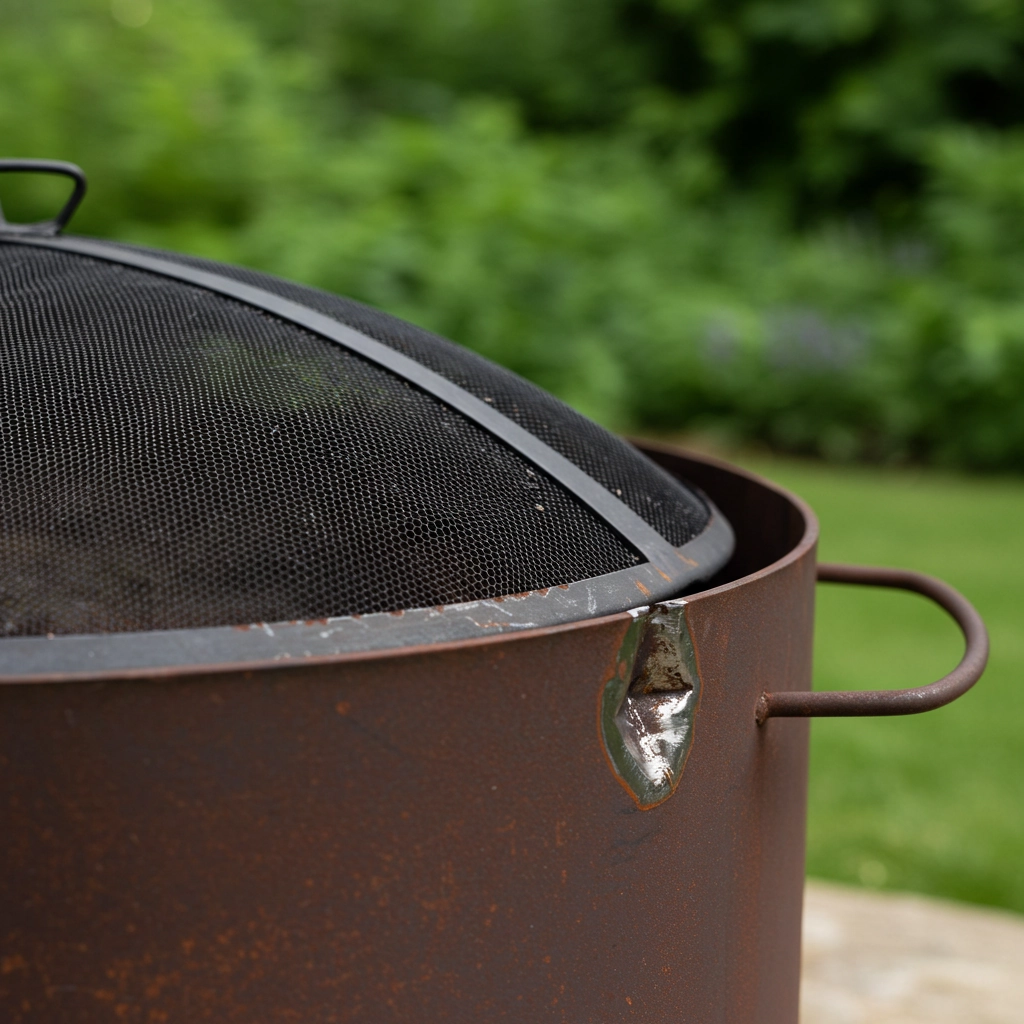 Person examining fire pit for rust, cracks, or structural issues before cleaning or using it.