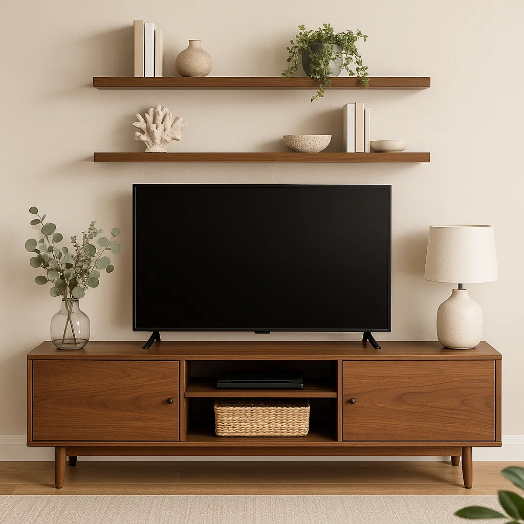 TV stand with wall-mounted floating shelves displaying books and plants in a cozy modern living space.