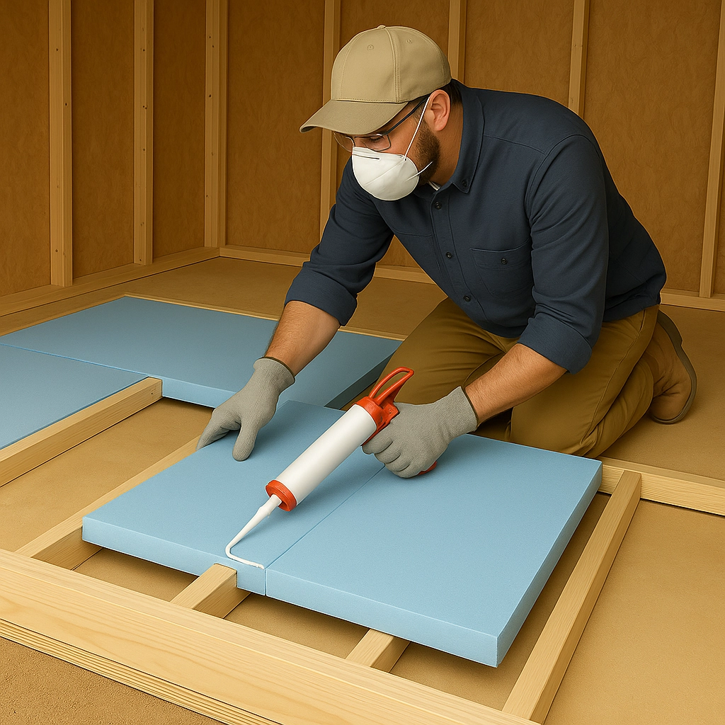 Man sealing foam insulation boards between shed floor joists using adhesive caulking.