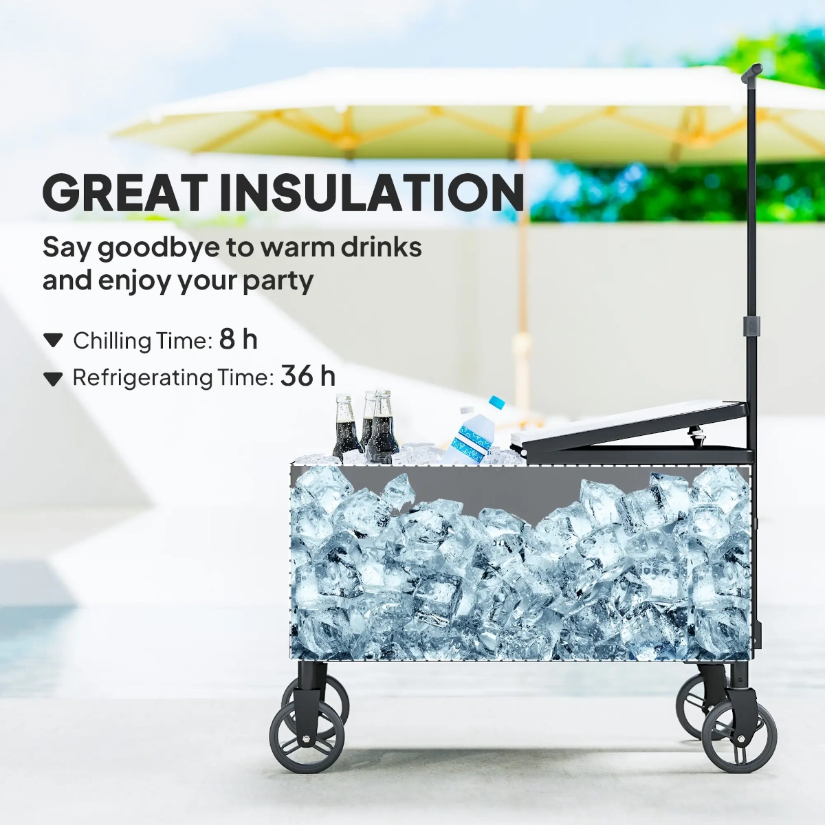 Cooler cart with ice and drinks, highlighting insulation and temperature retention times.