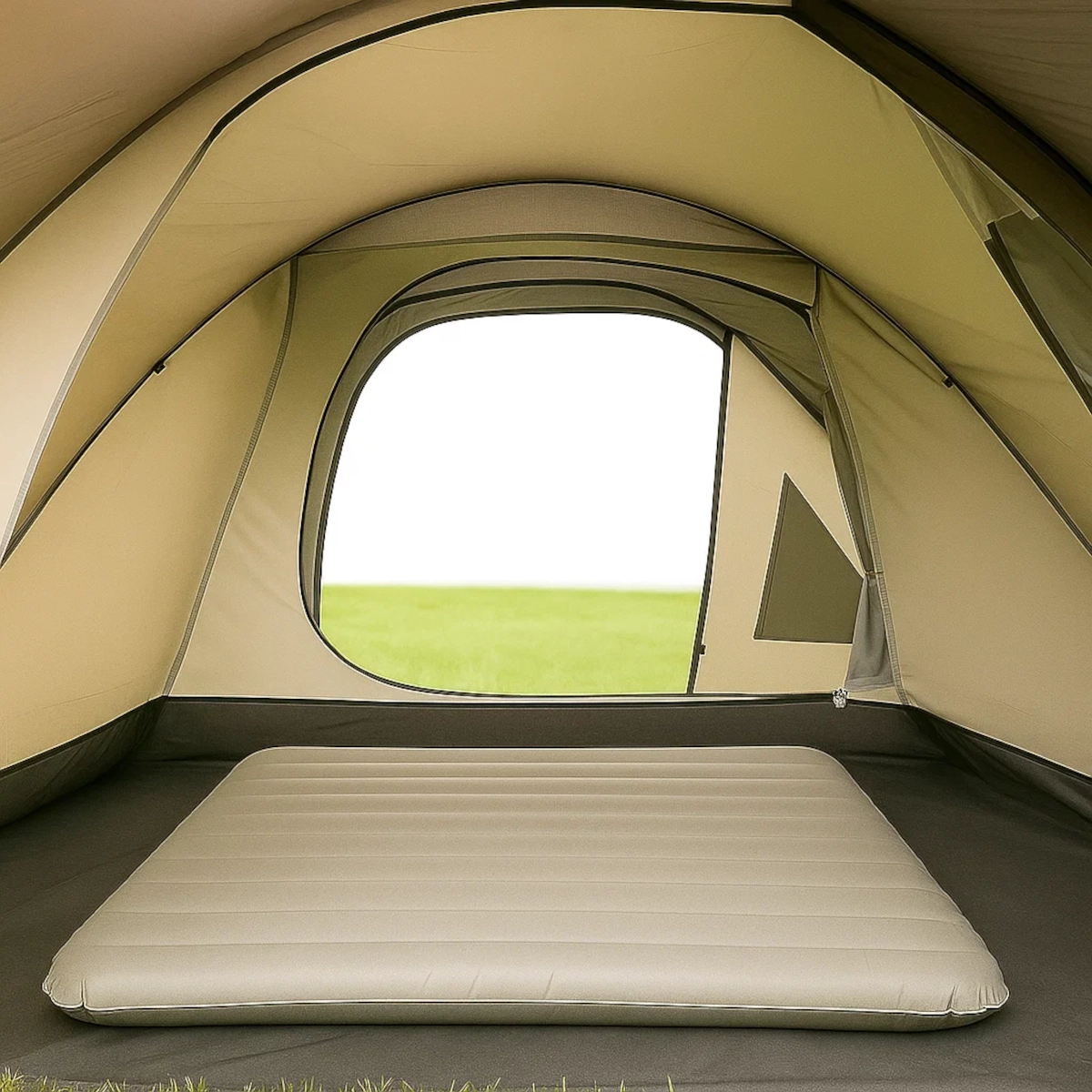 Spacious interior of a tent with comfortable sleeping arrangements and plenty of room.