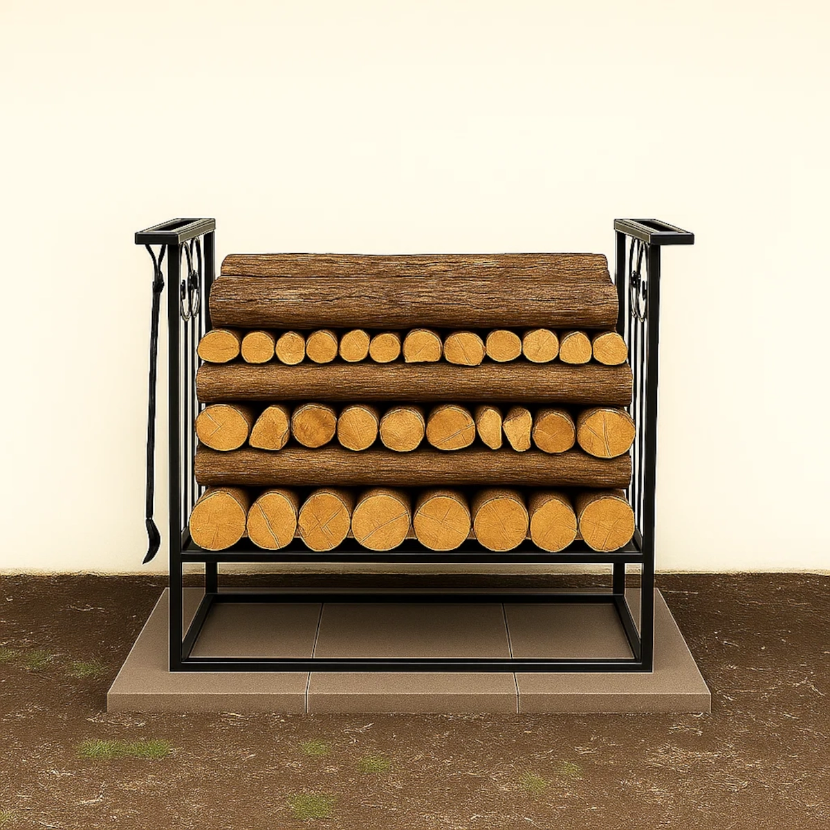 Outdoor firewood rack with evenly aligned stacked logs on tile surface.