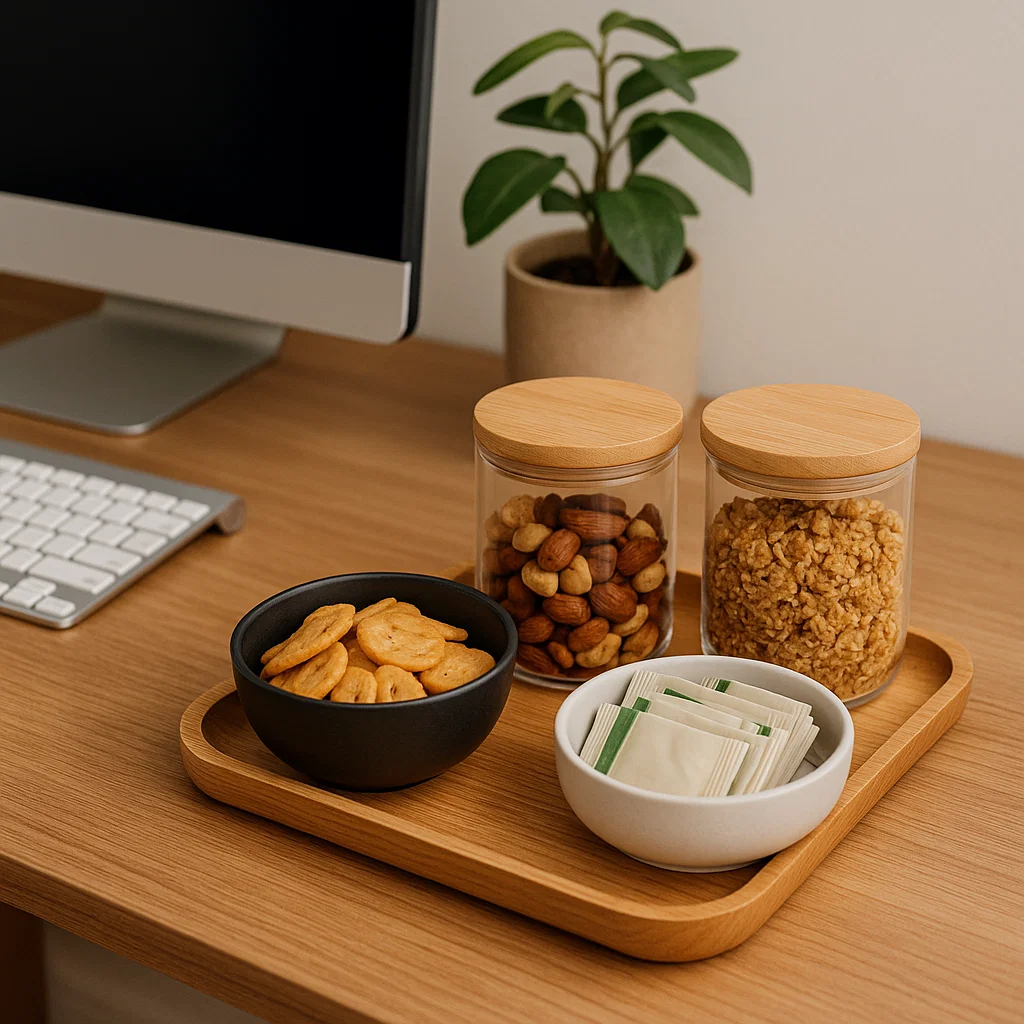 Snack jars and bowls on wooden tray beside computer and potted plant