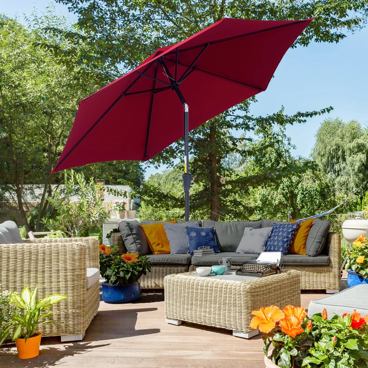 Umbrella standing firm in a secure patio environment.