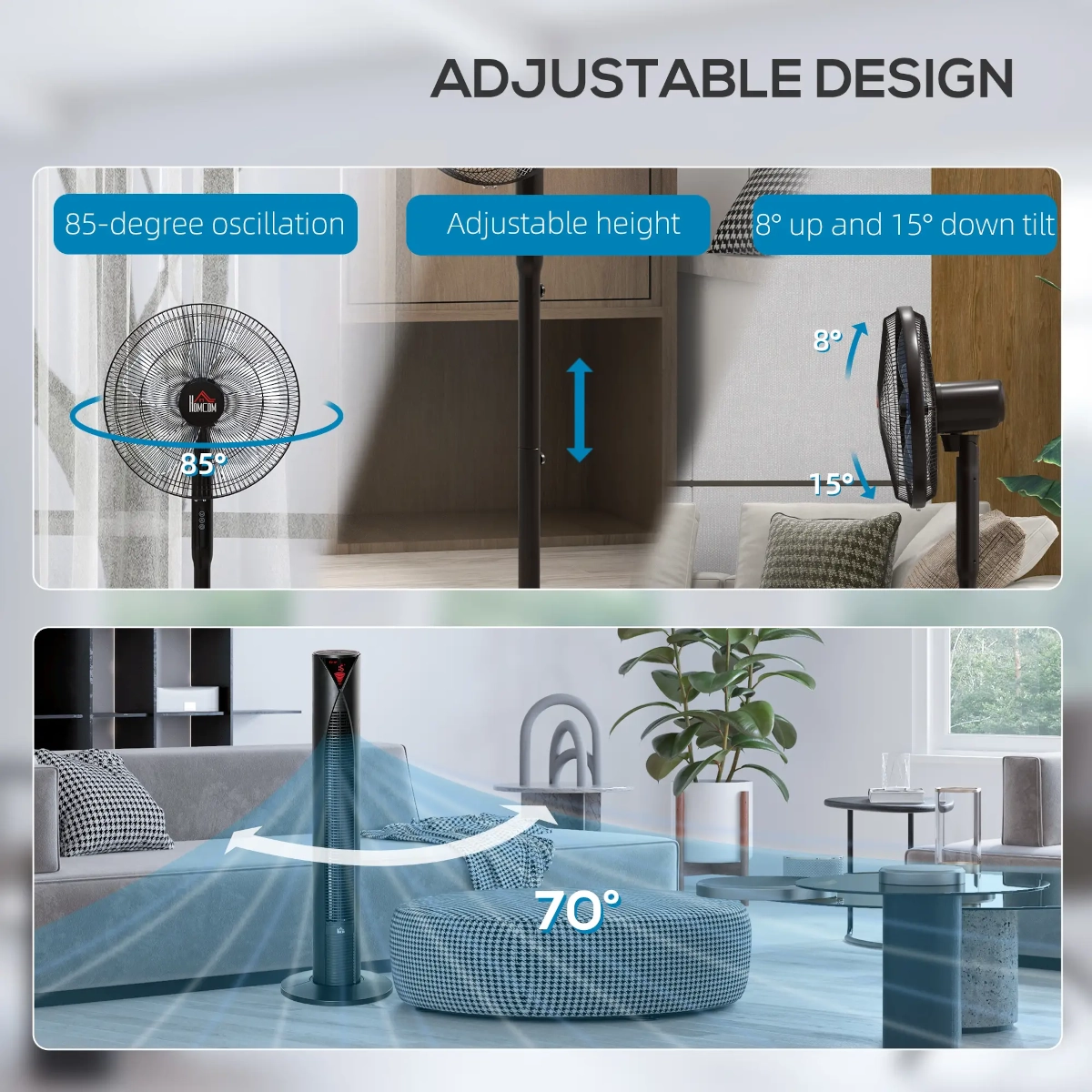 Comparison of tower and pedestal fans highlighting their design and airflow features.