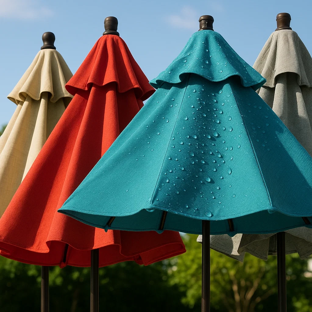 Infographic showing key selection criteria for patio umbrella fabric like UV protection and material.