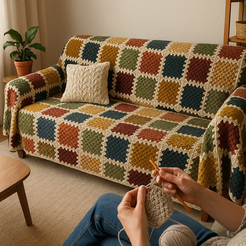 Sofa covered in a handmade multi-colour crochet blanket, person crocheting in the foreground.