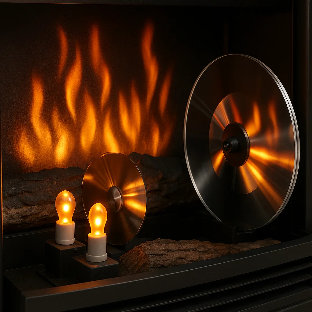 Interior view of electric fireplace showing spinning mirrors and LED bulbs used to simulate flame visuals.