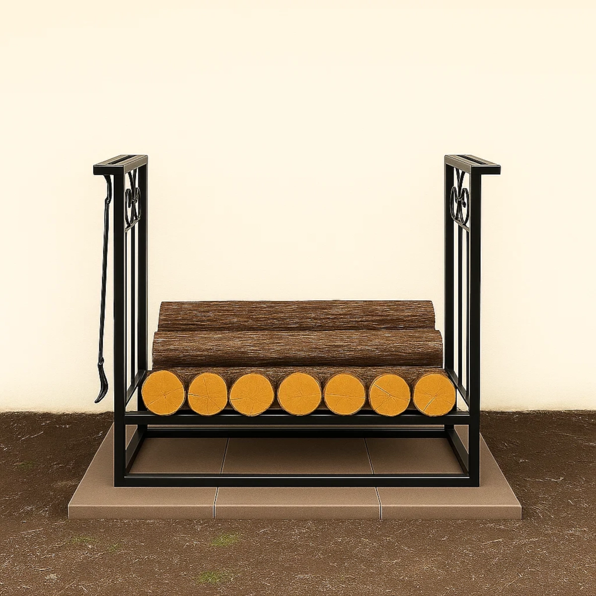 Metal firewood rack holding first layer of large round logs