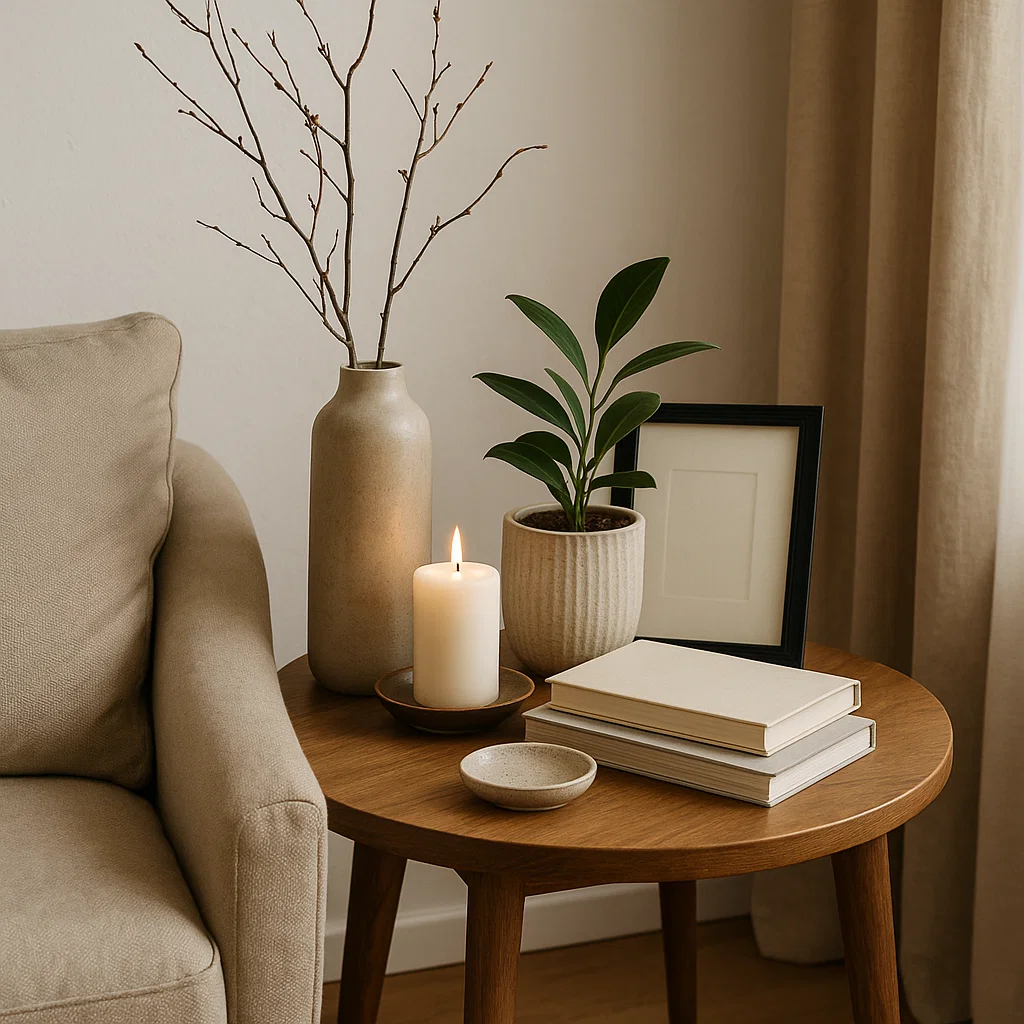 Decorative side table with layered heights of plants, books, and vases with mixed textures.
