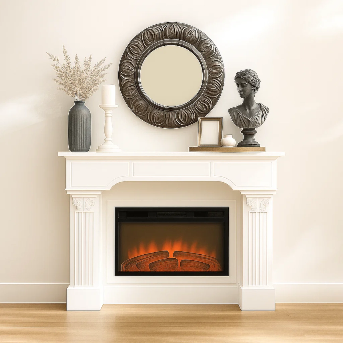 Electric fireplace with styled decor, mirror, candles, and a statue bust