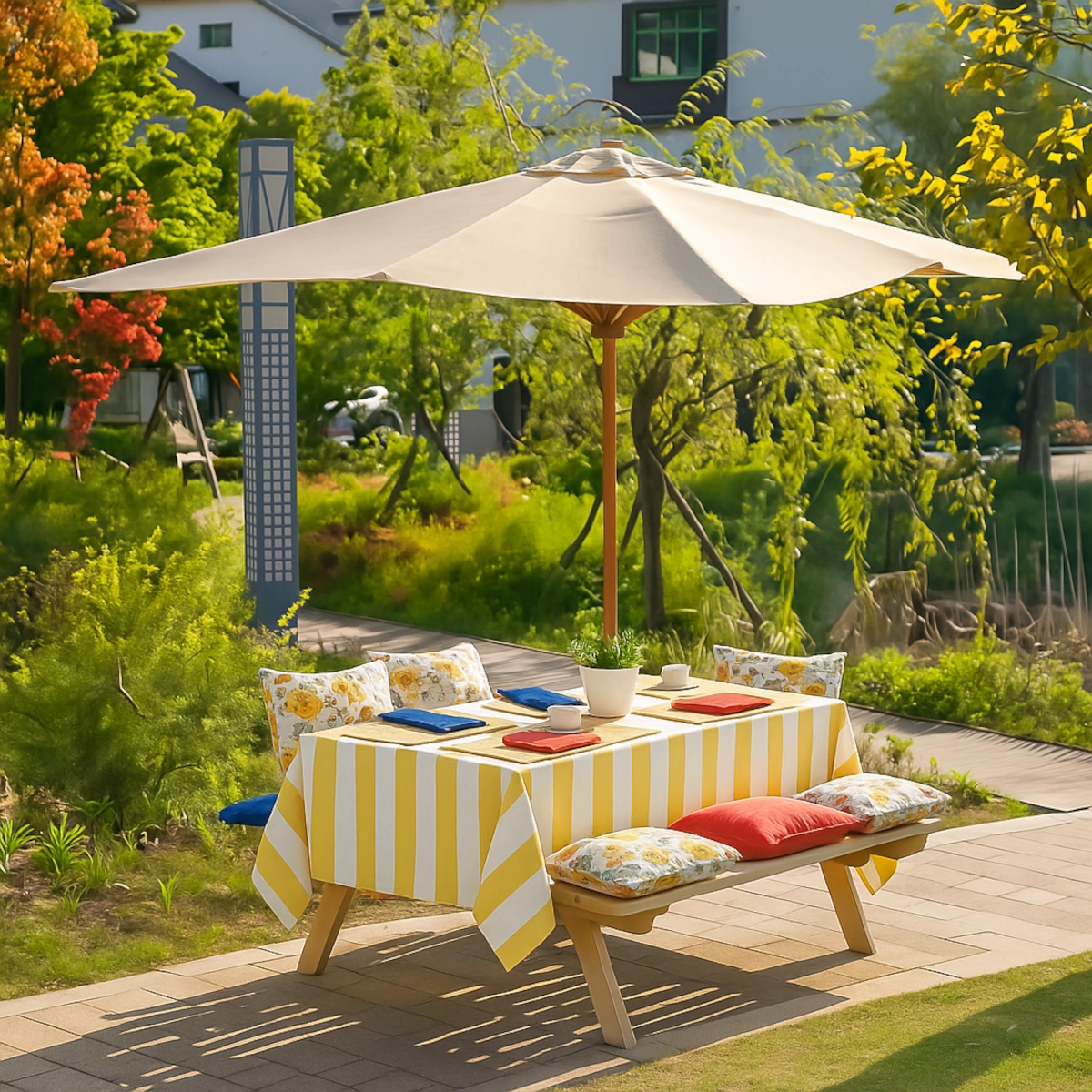 Picnic setup with striped tablecloth, patterned pillows, and colourful napkins on a sunny day.