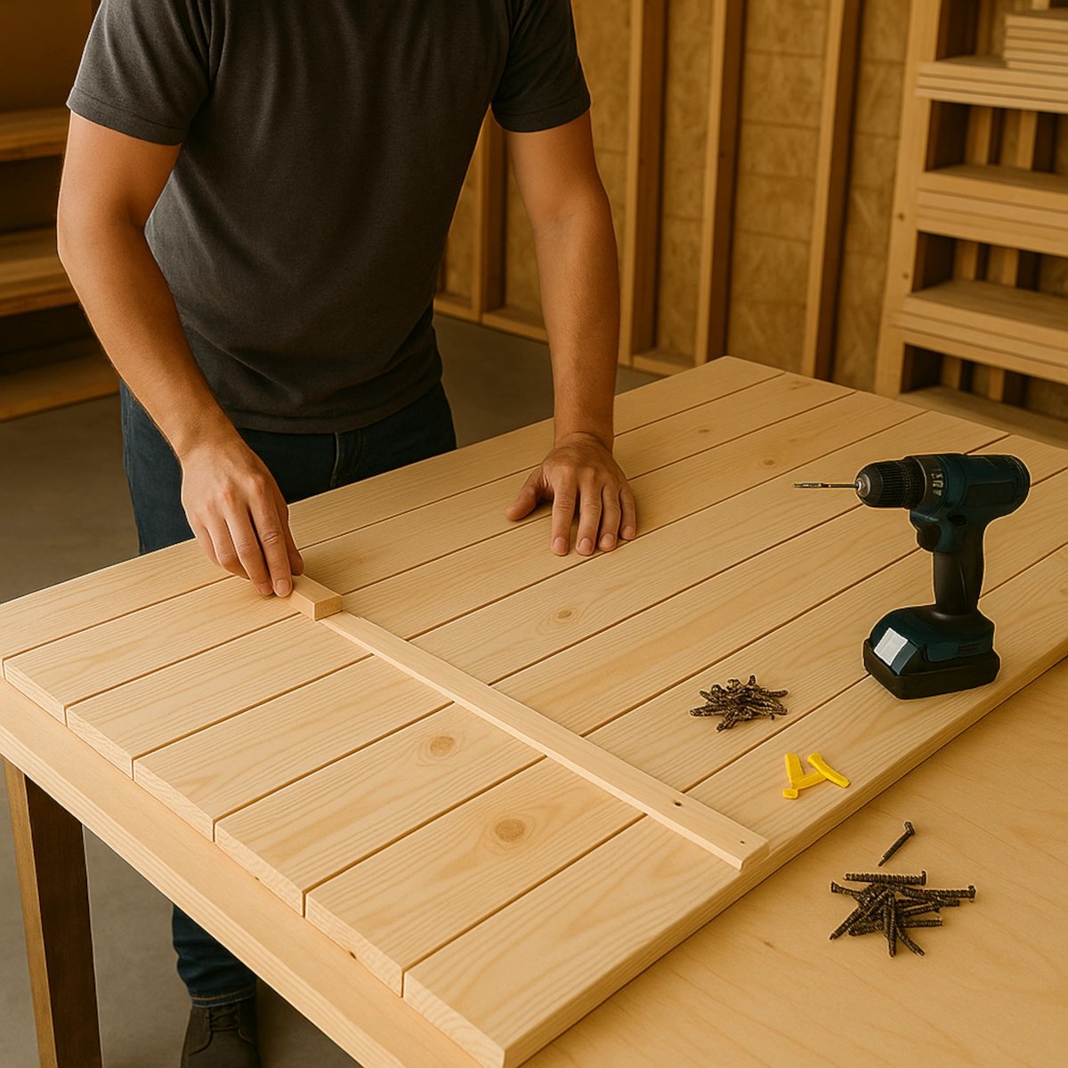 Man aligning and securing slatted tabletop boards with a drill and screws in a workshop.