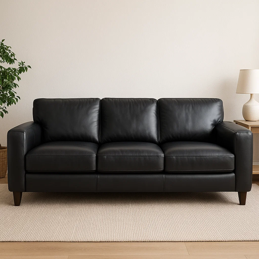 Black leather three-seater sofa on a light area rug in a neutral, airy living room.