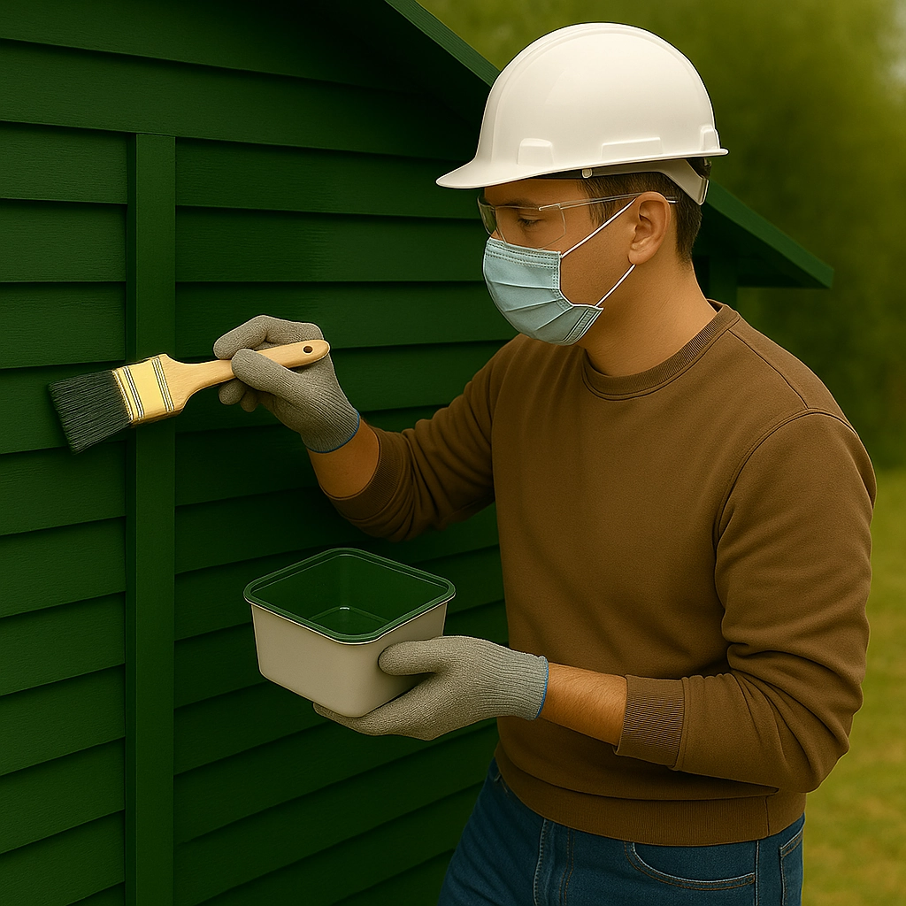 Sunlit shed wall drying before second coat of exterior paint is applied.
