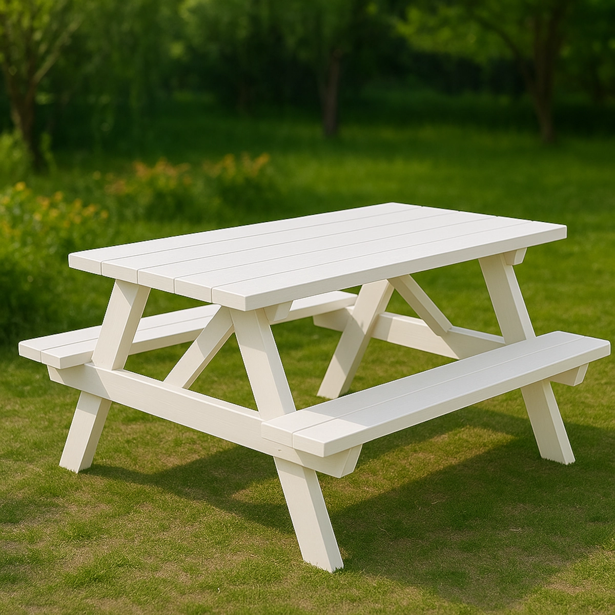 Freshly painted picnic table left to dry under the sun in a backyard setting.