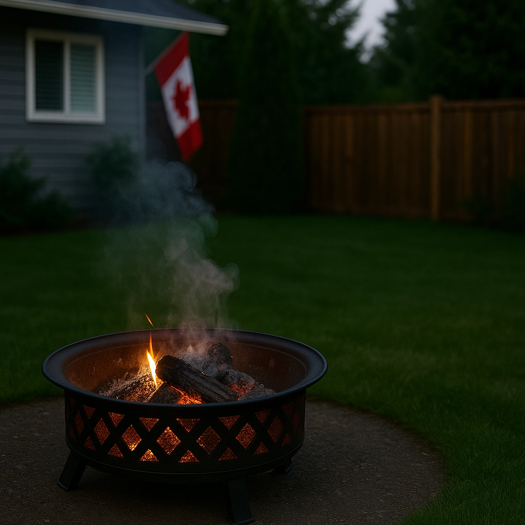 Campfire in a fire pit gradually burning down naturally without water or interference.
