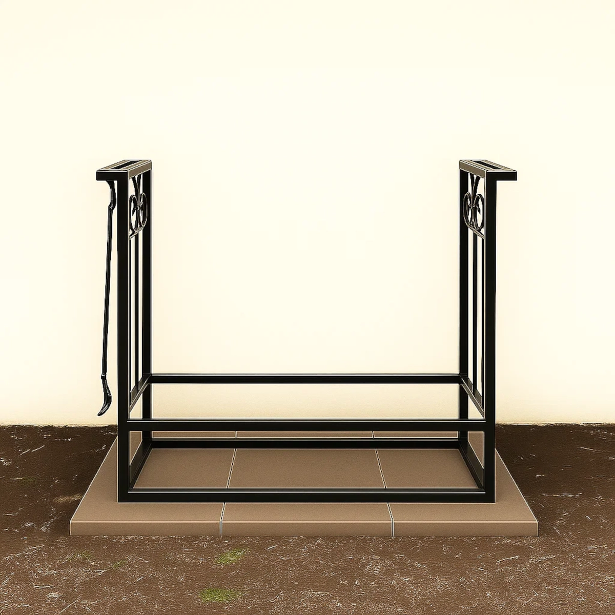 Empty firewood rack placed on level outdoor ground with tile base.