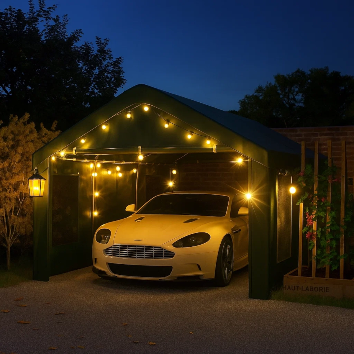 Carport illuminated with soft string lights, showcasing a luxury car and greenery
