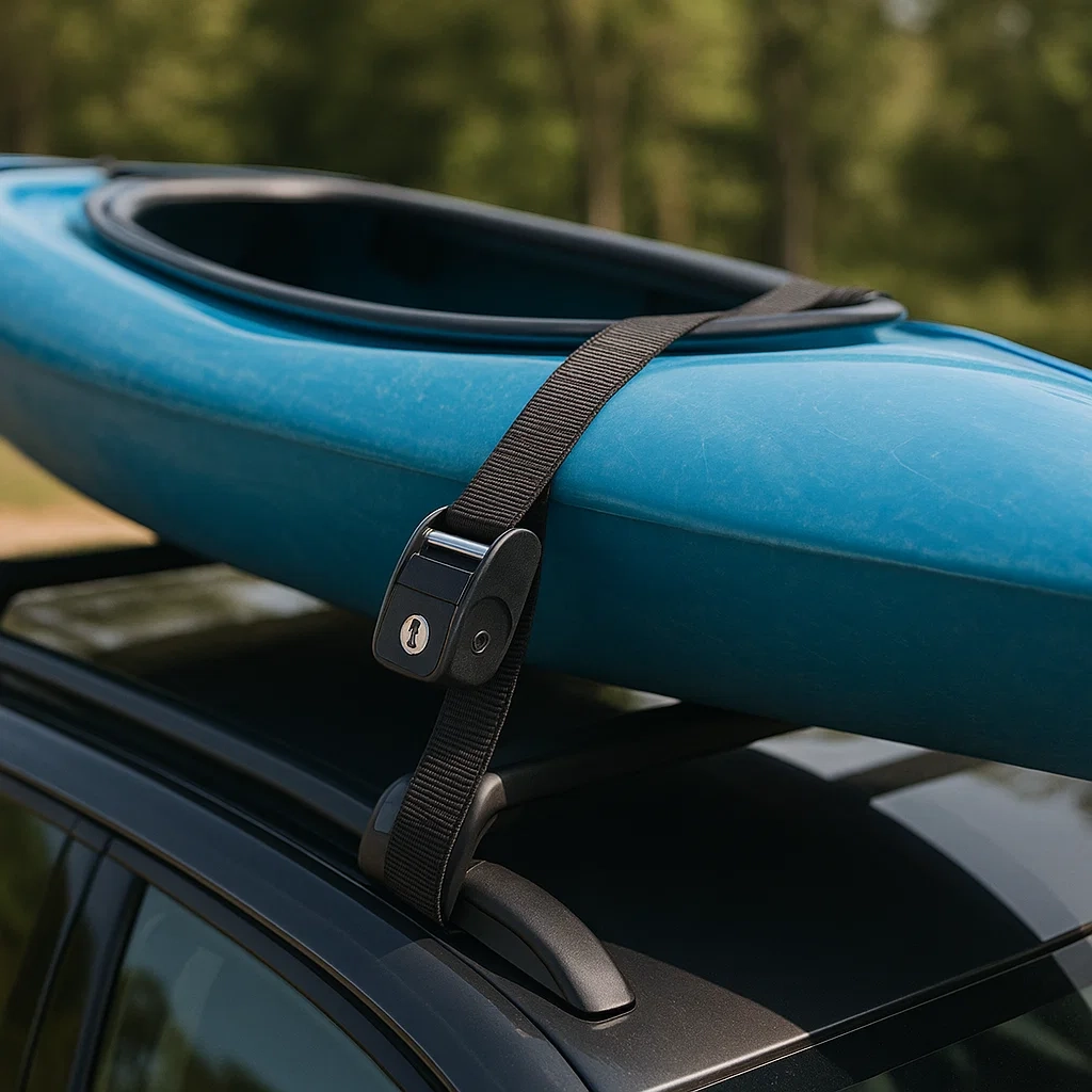 Locking strap tightly securing blue kayak to black vehicle roof crossbars.