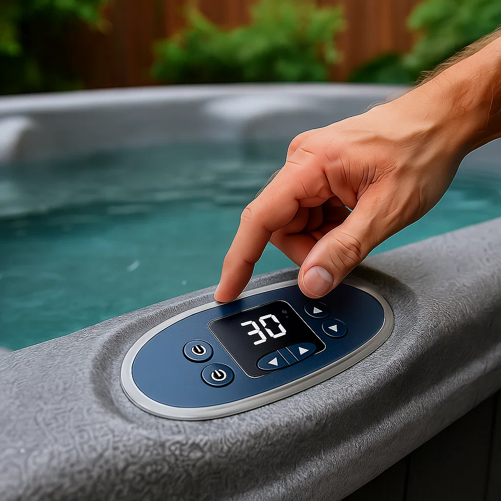 User adjusting temperature control panel to lower hot tub water settings.