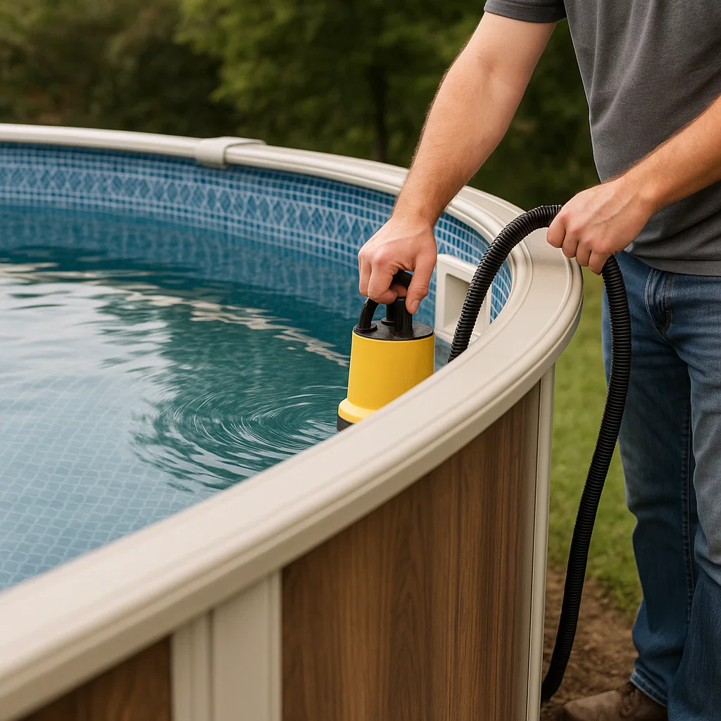 Pool hose draining water below skimmer line to prepare for winter weather.