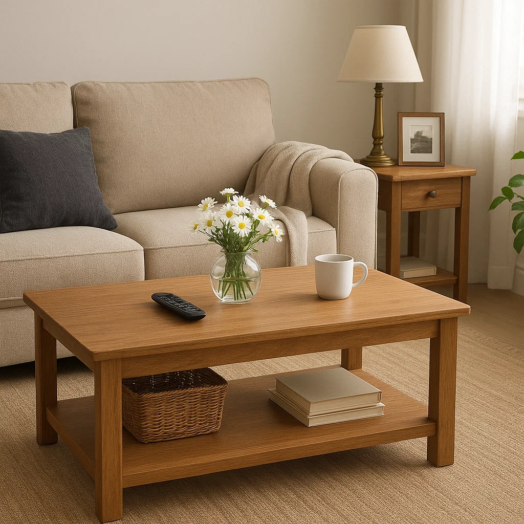 Rectangular wooden coffee table with flowers and side table holding lamp next to beige sofa.