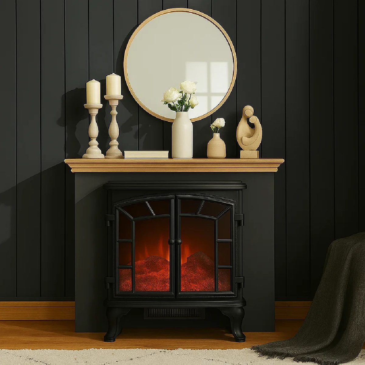 Electric fireplace with wooden mantel, mirror, candles, and sculptural decor styled in a dark modern setting.