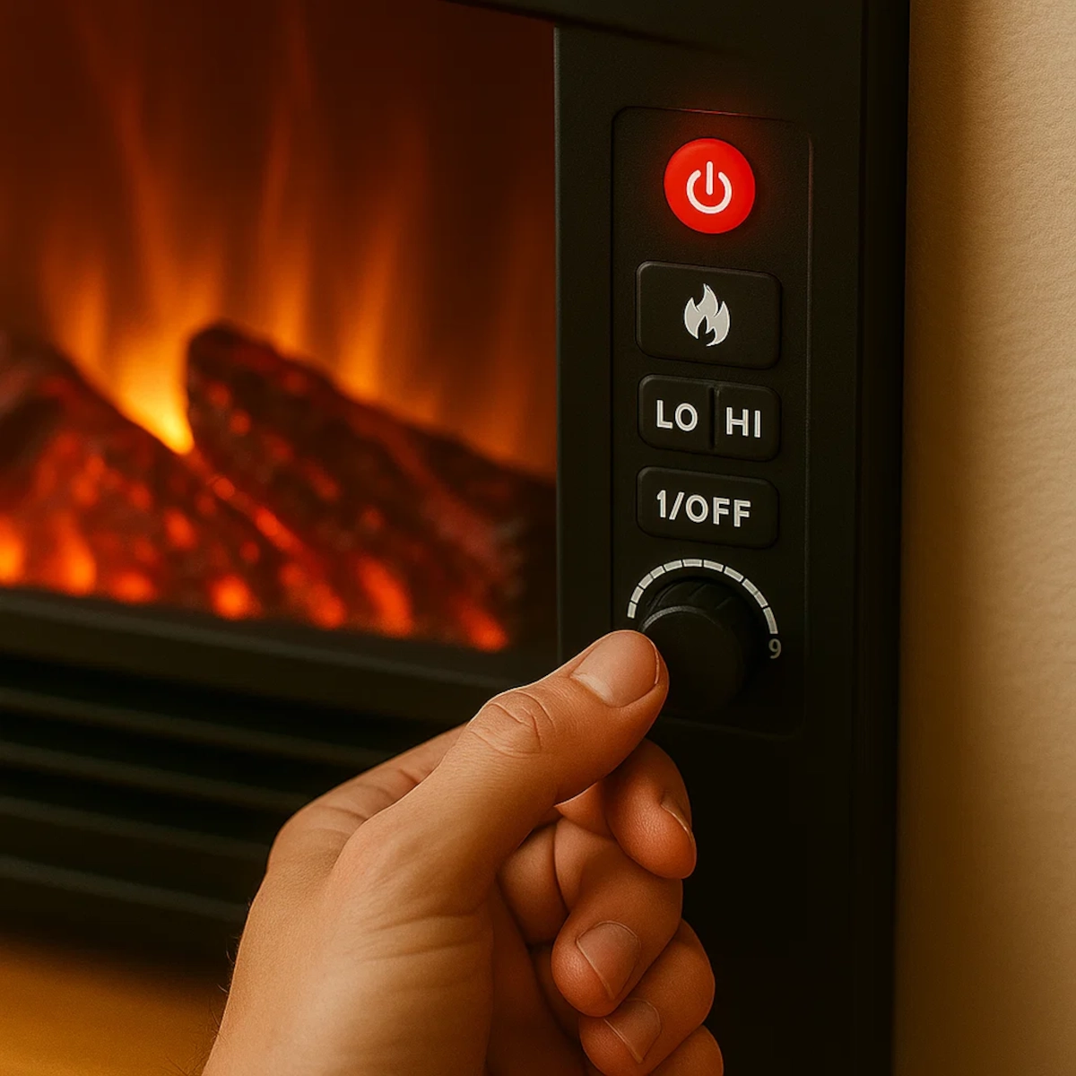 Hand adjusting temperature dial on an electric fireplace with visible flame and control buttons.