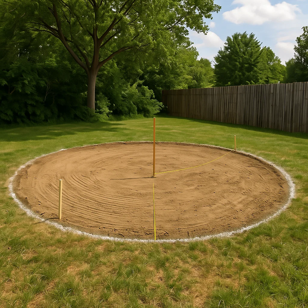 Person using tape measure and stakes to mark circular layout for pool placement.