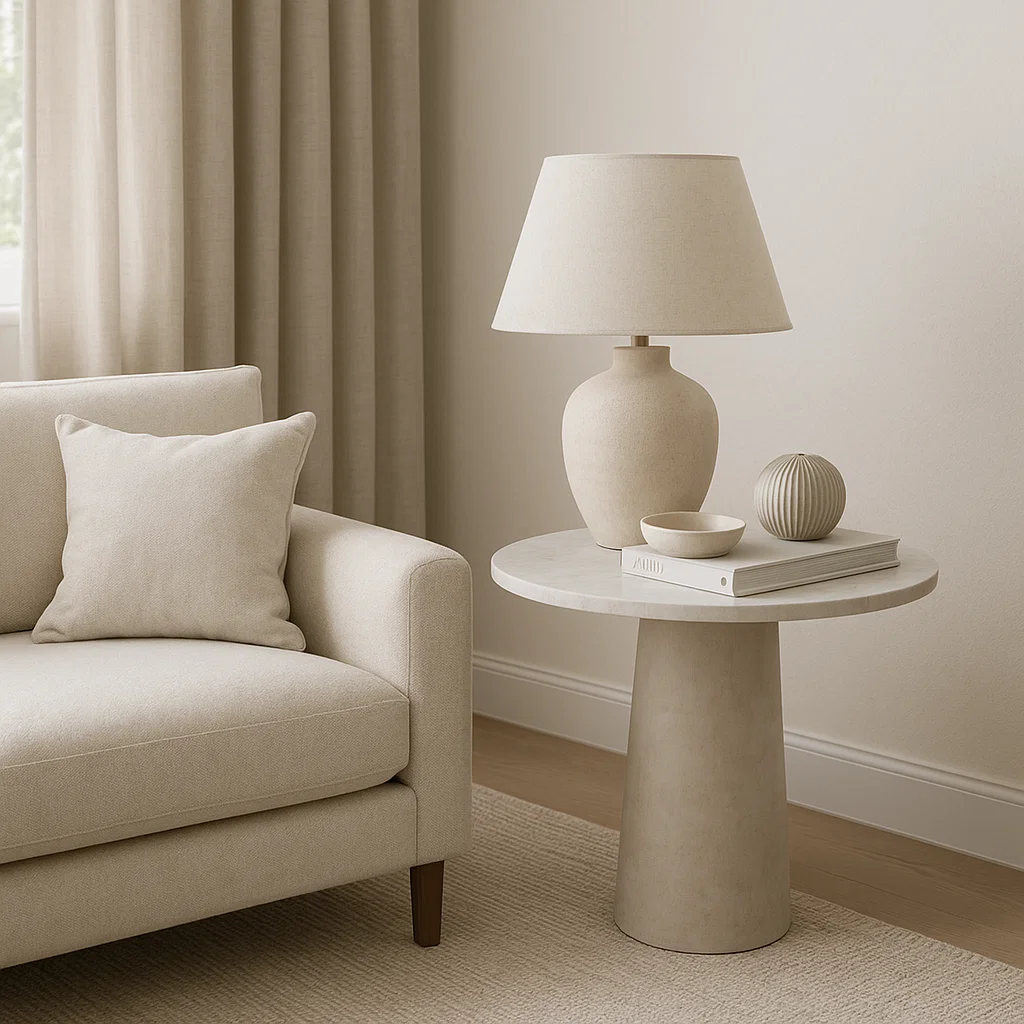 Neutral-toned side table with a vase, bowl, and books, all matching the room’s color scheme.