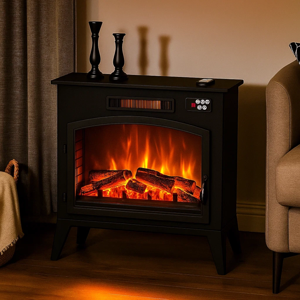 White electric fireplace with glowing ember bed beside a grey sofa and curtain in a modern room.
