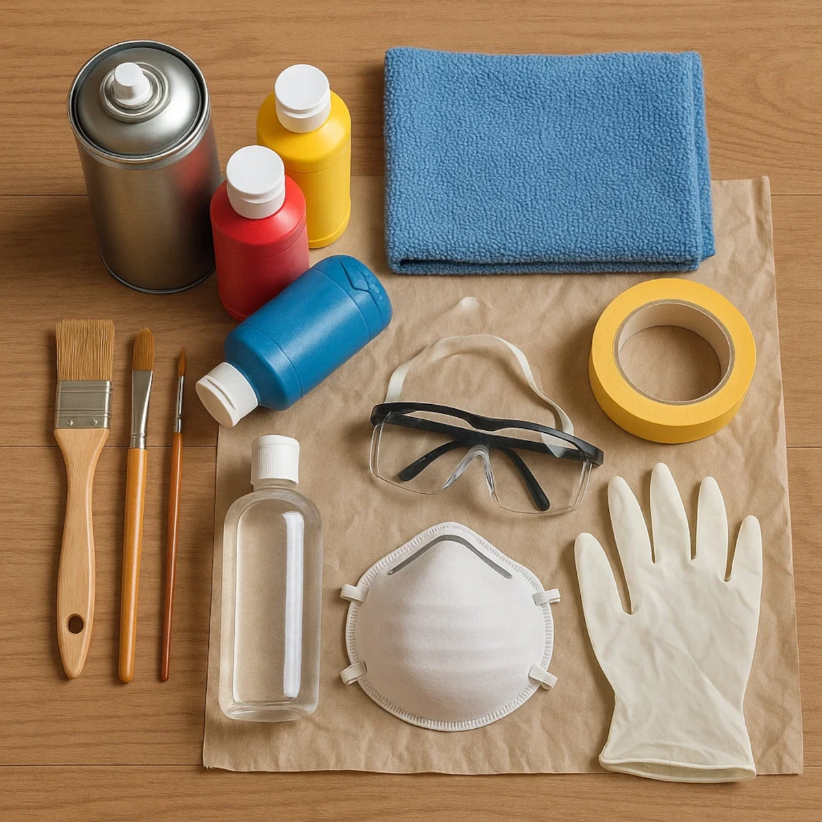 Assorted painting supplies, brushes, paints, safety mask, gloves, and tape arranged on a wooden surface.