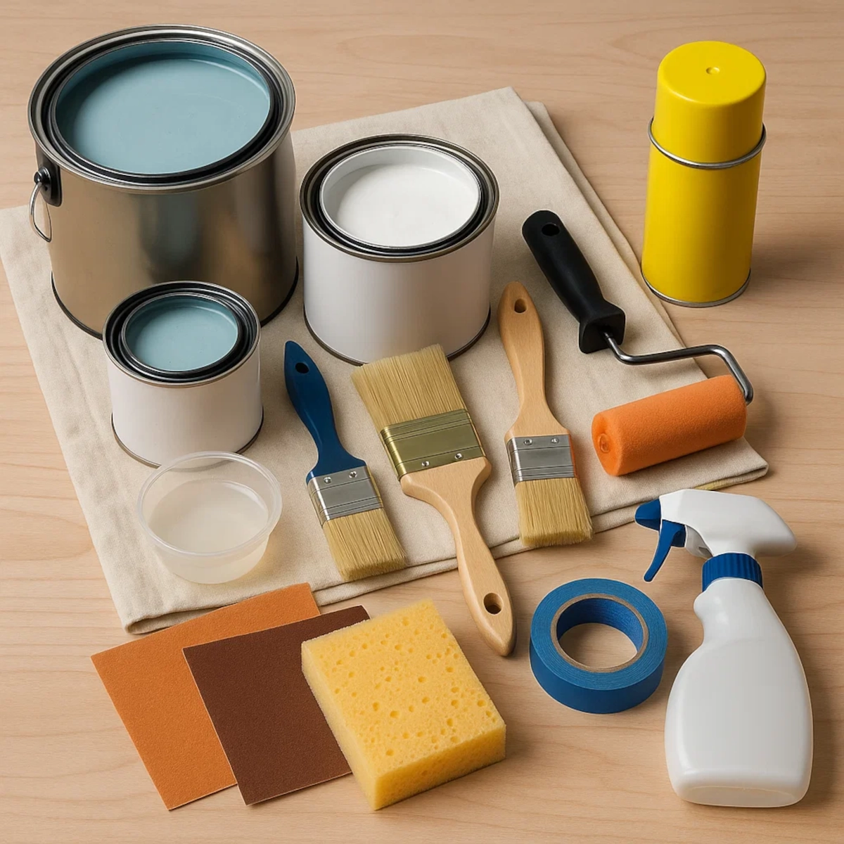 Various painting tools and supplies laid out for wooden bench restoration project.