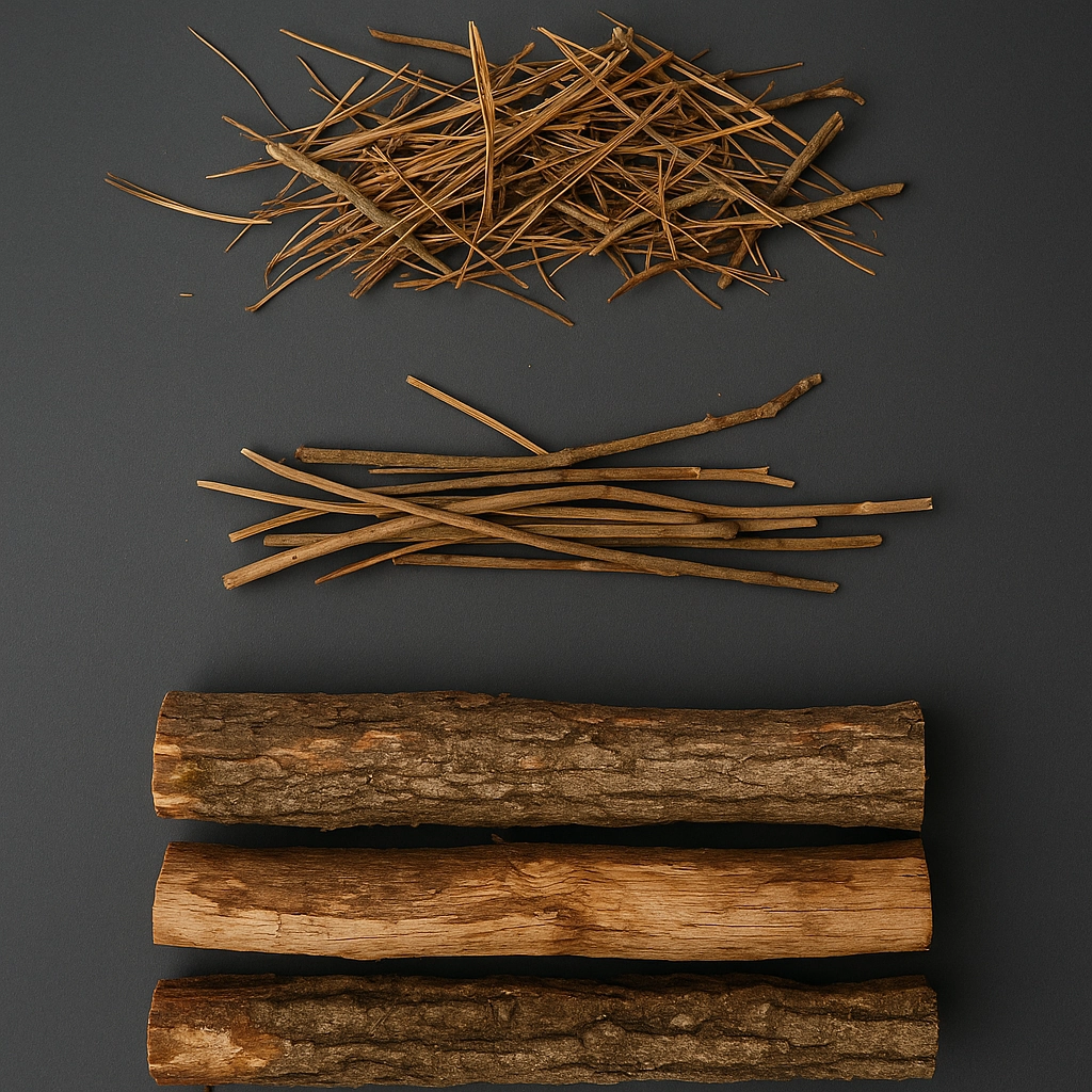 Collection of fire-starting materials including wood, kindling, and fire starters for outdoor fire pit.